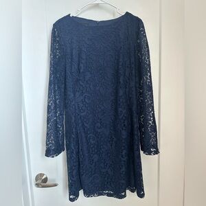 Navy Blue AB Studio Long Sleeve Lace Sheath Dress